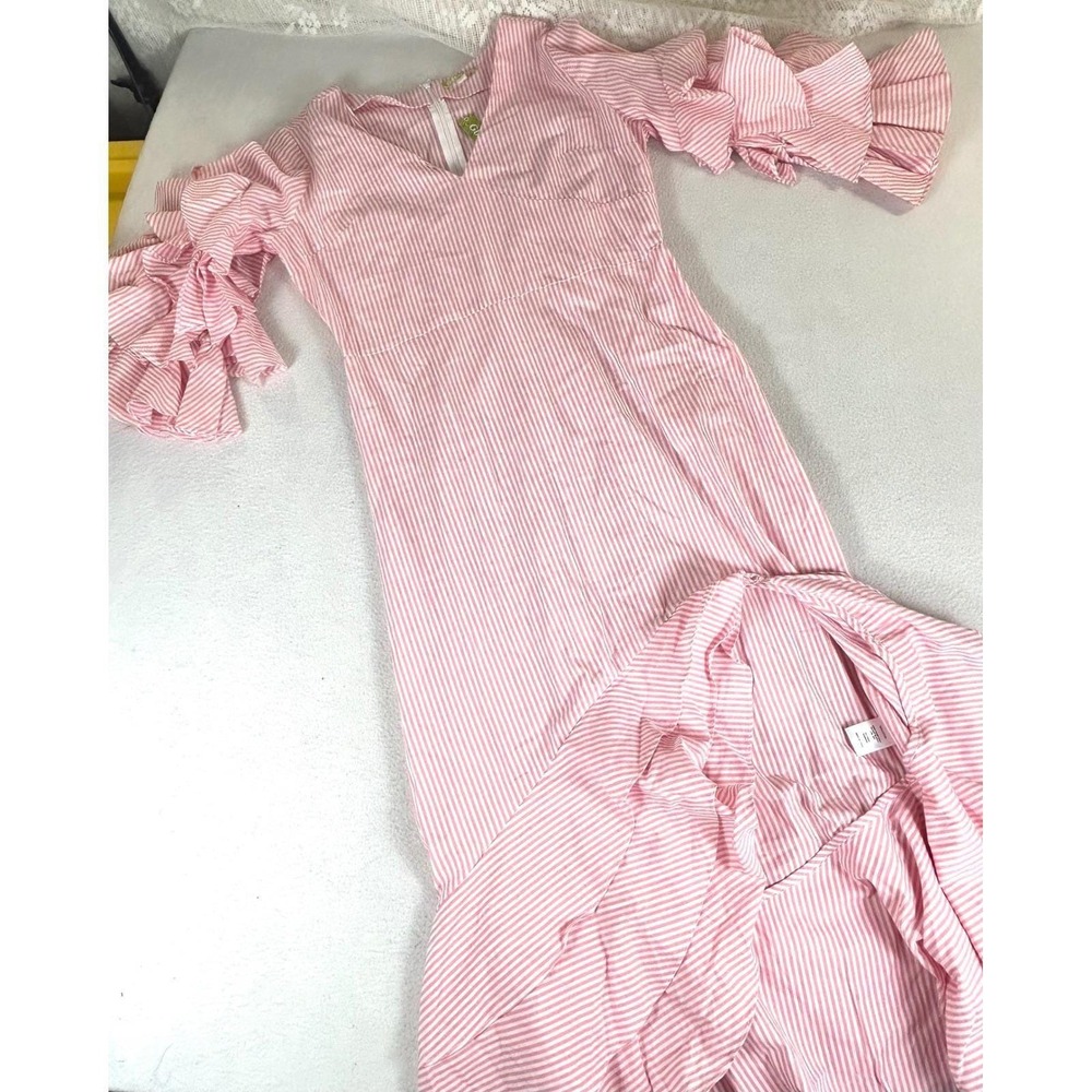 Gianni Bini Maxi Dress Womens Medium Pink Striped Ruffle Sleeve Barbiecore
